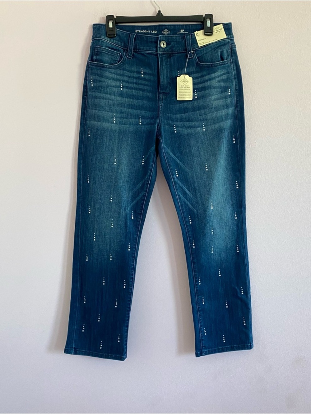 NEW St. John's Bay Womens Mid Rise Straight Leg Jean with Rhinestones size 8